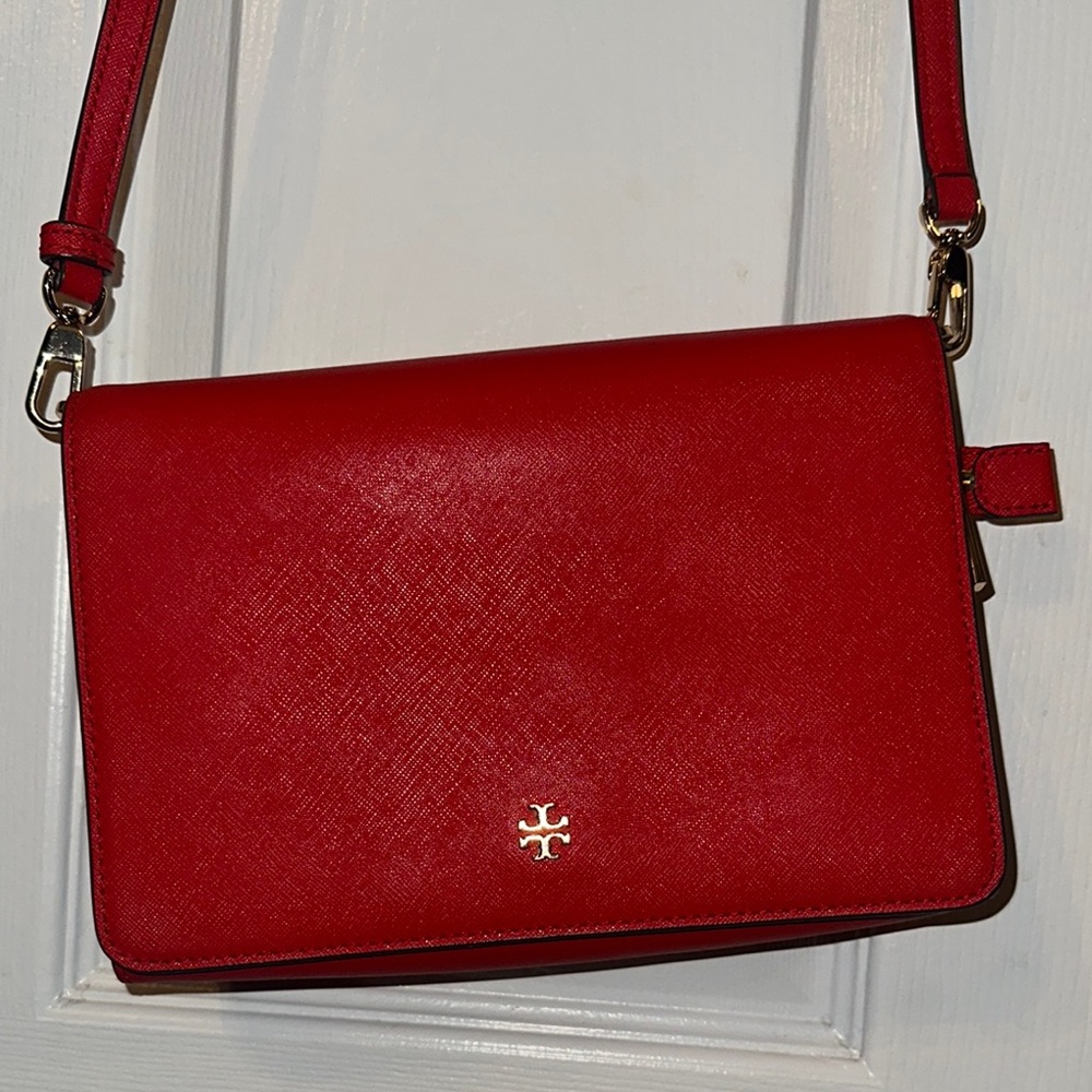 Tory Burch Red Leather Crossbody Bag with Silver Hardware